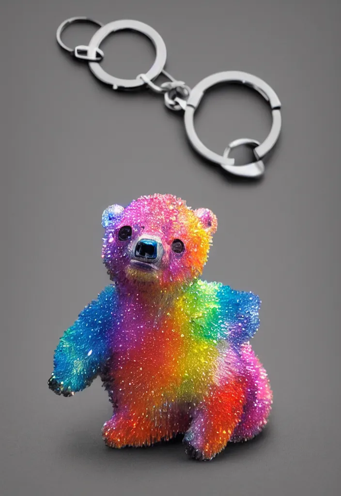 Image similar to a small colourful crystal bear keychain by greg rutkowski, sung choi, mitchell mohrhauser, maciej kuciara, johnson ting, maxim verehin, peter konig, 8 k photorealistic, cinematic lighting, hd, high details, dramatic, atmosphereric, trending on artstation