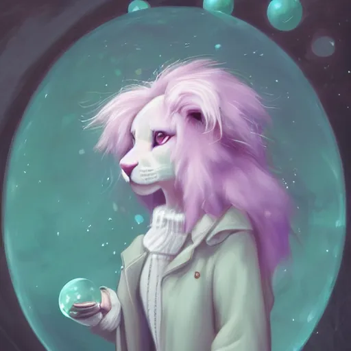 Prompt: aesthetic portrait commission of a albino male furry anthro lion under a lavender bubble filled while wearing a cute mint colored cozy soft pastel winter outfit with pearls on it, winter atmosphere. character design by charlie bowater, ross tran, artgerm, and makoto shinkai, detailed, inked, western comic book art, 2 0 2 0 award winning painting