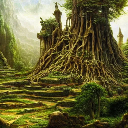 Image similar to a beautiful and highly detailed oil painting of am elven temple deep in the mountains, beautifully detailed ancient trees, lush plant growth, intricate details, epic scale, insanely complex, 8 k, sharp focus, hyper realism, fantasy landscape, psychedelic, by caspar friedrich,