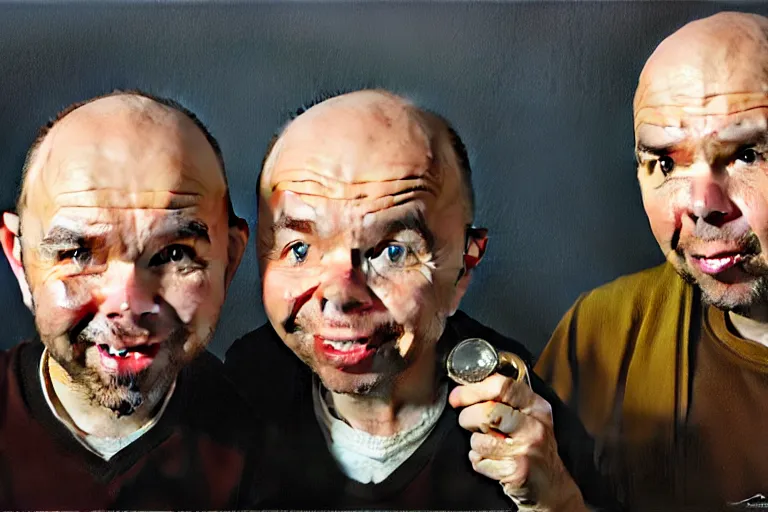 Image similar to oil portrait of karl pilkington and warwick davis. oil painting, highly detailed, centered, artstation, concept art, smooth, sharp focus, illustration, artgerm, vermeer, hans peter mohrbacher, donato giancola, joseph christian leyendecker, drew struzan