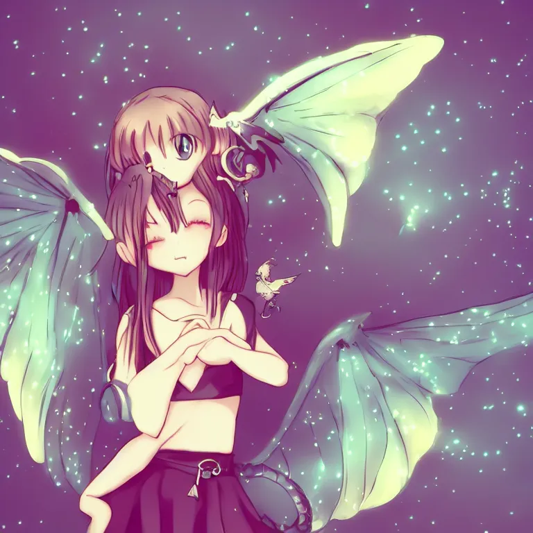 Image similar to cute, full body, female, anime style, a cat girl with fairy wings patting a small dragon, large eyes, beautiful lighting, sharp focus, simple background, creative, heart effects, filters applied, illustration