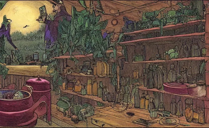 Image similar to witch's cabin full of potions, a cauldron on a counter with a sales register, lush vegetation, by moebius