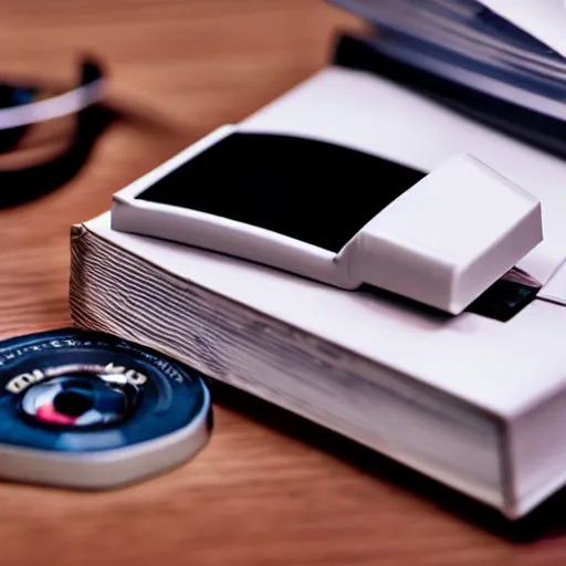 Prompt: a videotape lying on a desk inside a federal office, photo realistic