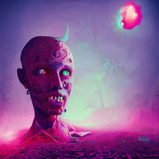 Prompt: Beautiful hyperdetailed psychedelic horror fantasy art of a vampire by Beeple, album cover, other dimensions, dmt, acid trip