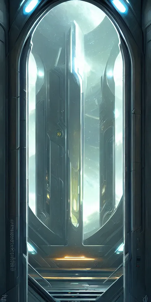 Image similar to hyper realistic art - deco sci - fi double door by jordan grimmer, darek zabrocki