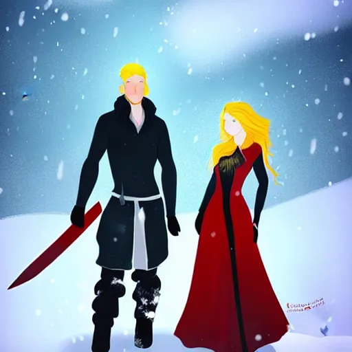 Image similar to A woman and a man are standing in the snow, the woman is leaning against the man, the man has long red hair, the woman has blonde long hair, the man has a red thick sword, the woman has a thin, long sword, a tree almost fully covered in bulky snow, concept art by Fabien Charuau, trending on pixiv, fantasy art, official art, wiccan, concept art, 4k, sharp details