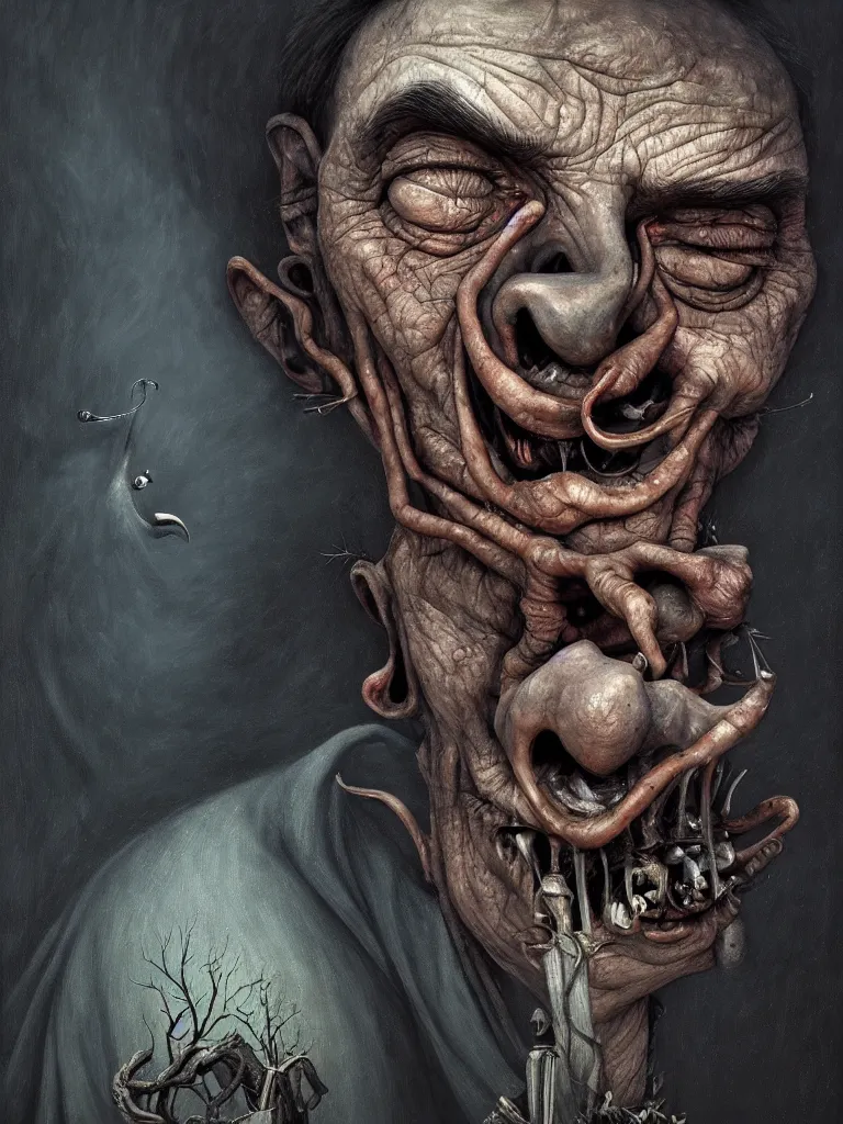 Prompt: gediminas pranckevicius | close up portrait of a the devil in the sinister valley of despair, one mouth, one nose, two eyes, oil painting by tomasz jedruszek, cinematic lighting, pen and ink, intricate line, hd, 4 k, million of likes, trending on artstation