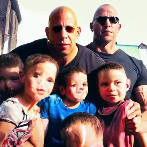 Image similar to closeup photo of vin diesel and his 6 children, sunny day, village house, pastoral, happy, cinematic, art by jan urschel and neil blevins