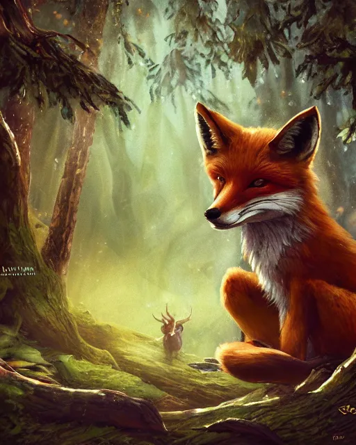 Image similar to Fox, Anthropomorphized, singing in forest, portrait, wearing hat, magical notes, fairy atmosphere, magic the gathering artwork, D&D, fantasy, cinematic lighting, centered, symmetrical, highly detailed, digital painting, artstation, concept art, smooth, sharp focus, illustration, volumetric lighting, epic Composition, 8k, art by Akihiko Yoshida and Greg Rutkowski and Craig Mullins, oil painting, cgsociety