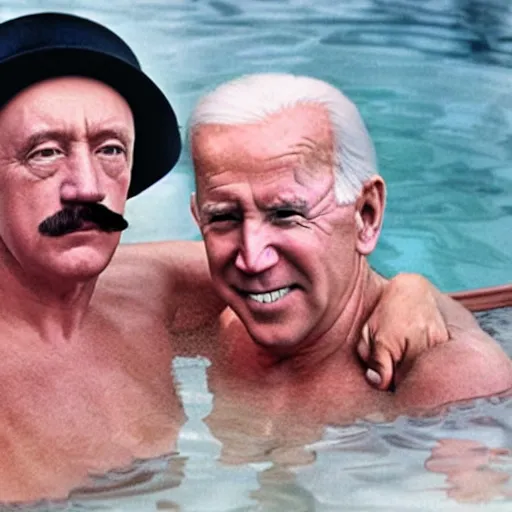 Image similar to UHD candid color photo of Hitler and Joe Biden in a hot tub, accurate faces, UHD, photorealistic, correct face, photo by Annie Leibowitz