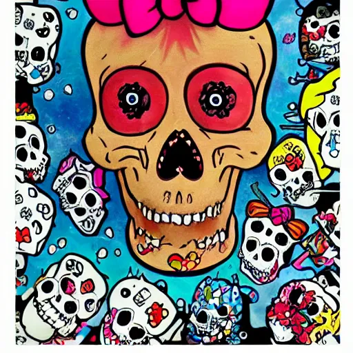 Image similar to portrait painting goofy skull skeleton, hello kitty, comic book, pokemon, highly detailed, art by Singer Sargent and damien hirst