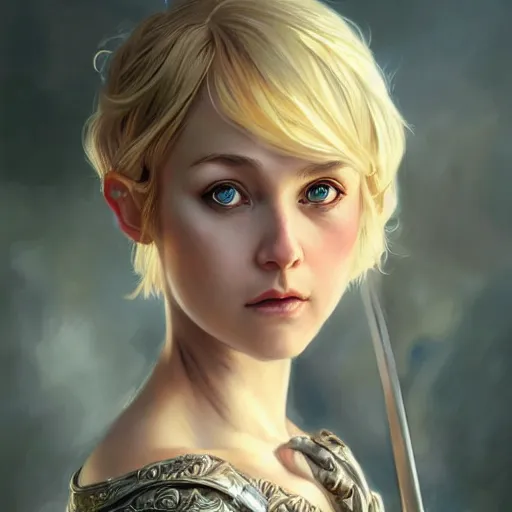 Image similar to an epic fantasy comic book style portrait painting of a young blonde girl with pixie haircut wearing plain thief clothes, confident, d & d, fantasy, intricate, elegant, highly detailed, digital painting, artstation, concept art, matte, sharp focus, illustration, art by artgerm and greg rutkowski and alphonse mucha