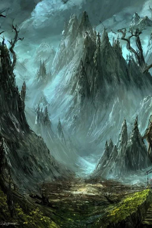 Image similar to Artwork in style of The Elder Scrolls Oblivion of the cinematic view of the Celestial Forest of Buried Enchantments.