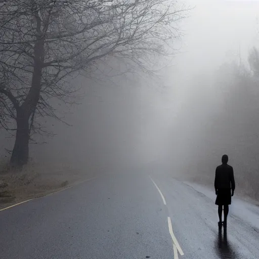 Image similar to mist, there\'s a shadowy figure on the road