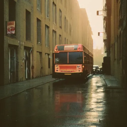 Image similar to 1990s perfect 8K HD professional cinematic photo of a bus in dystopian alleyway, at evening during rain, at instagram, Behance, Adobe Lightroom, with instagram filters, depth of field, taken with polaroid kodak portra