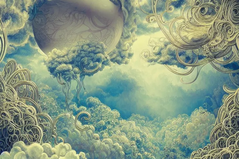 Image similar to simplicity, a huge flock of many ornate mottled puffy filigreed clouds tangled into large whirling ultra detailed crystal specimens, art nouveau jungle environment, playful, award winning art, epic dreamlike fantasy landscape, ultra realistic,