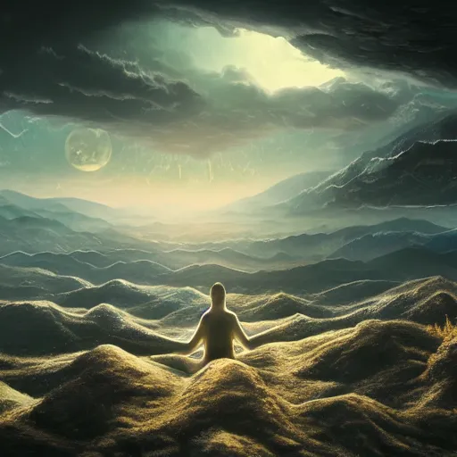 Image similar to concept art trending on art station detailed matte painting of an mystical alien meditation in the sky, dramatic, 8k, digital art