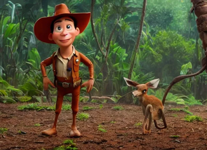 Prompt: a still from a pixar movie, of a kangaroo dressed like indiana jones, standing in a tropical forest, hd 4 k high detailed