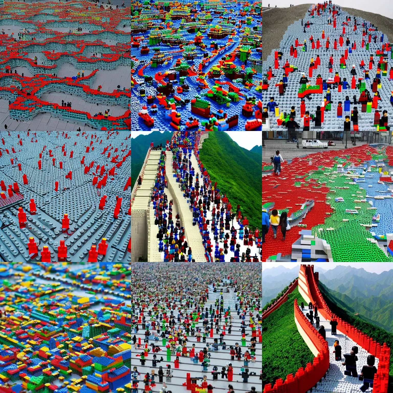 Prompt: The Wall of China built from Lego pieces, people walking on it