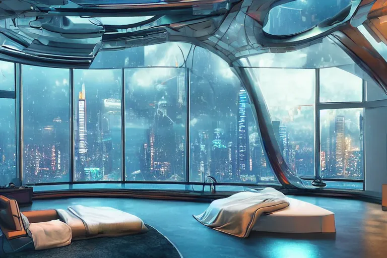 Image similar to a futuristic bedroom with large curved ceiling high windows looking out to a far future cyberpunk cityscape, cyberpunk neon lights, raining, scifi