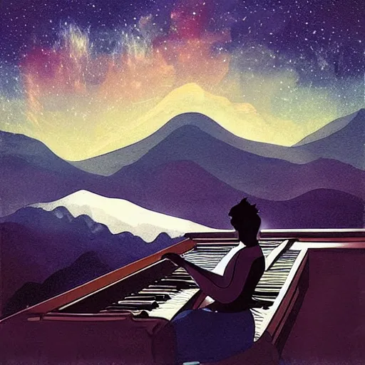 Prompt: playing the piano, the striking night sky and stars, simple elegant mountains on a beautiful sky, an abstract set of large shapes, colorful, warm contrasting colors, painterly, detailed painting of a landscape, extremely high detail, brush strokes, top view, black background, illustration by ross tran and leonardo da vinci