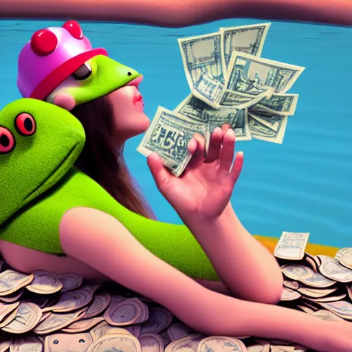 Image similar to A girl in a frog costume is drowning in money real render