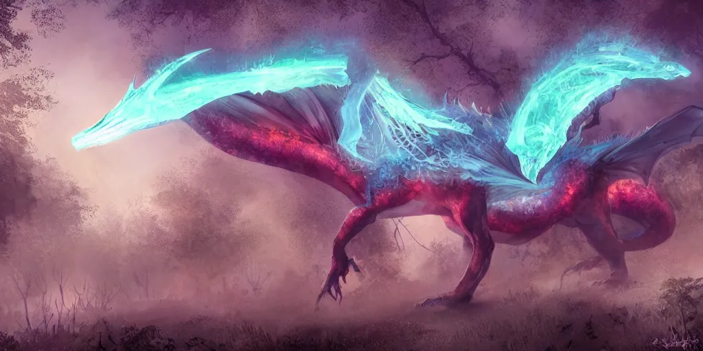 Image similar to mysterious glowing dragon at night, in the forest, digital art
