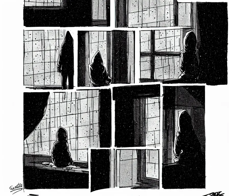 Image similar to sadie sink in hoodie sits on windowsill, knees tucked in | rain falls at night : storyboard, scifi cyberpunk. by gabriel hardman, chris bonura. cinematic atmosphere, detailed and intricate, perfect anatomy