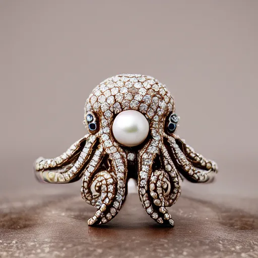 Image similar to hd photo of a octopus ring with diamonds and pearls by vivienne westwood, denoise, deblur
