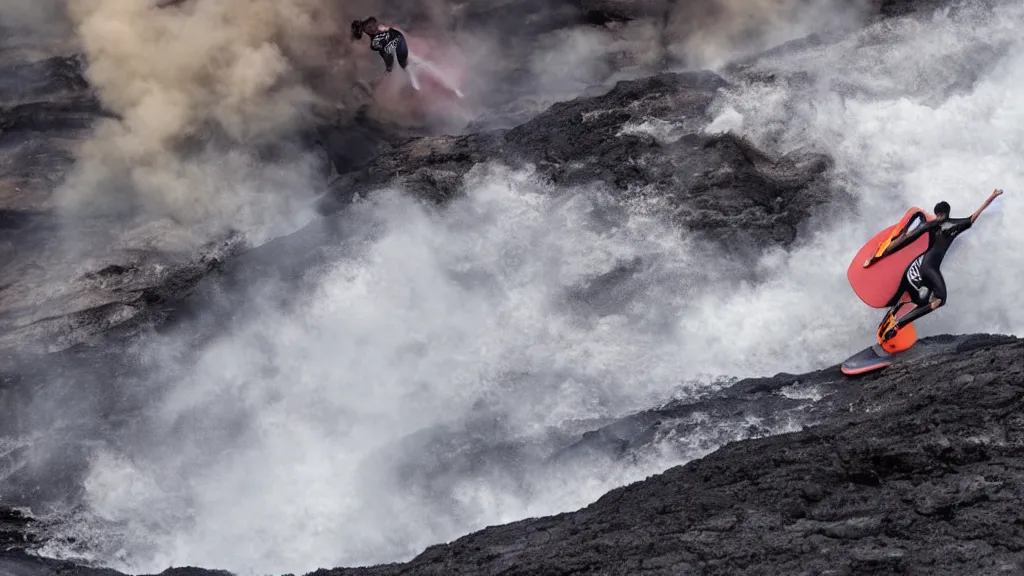 Image similar to person wearing a sponsored team jersey with logos surfing down a river of lava on the side of a volcano on surfboard, action shot, dystopian, thick black smoke and fire, sharp focus