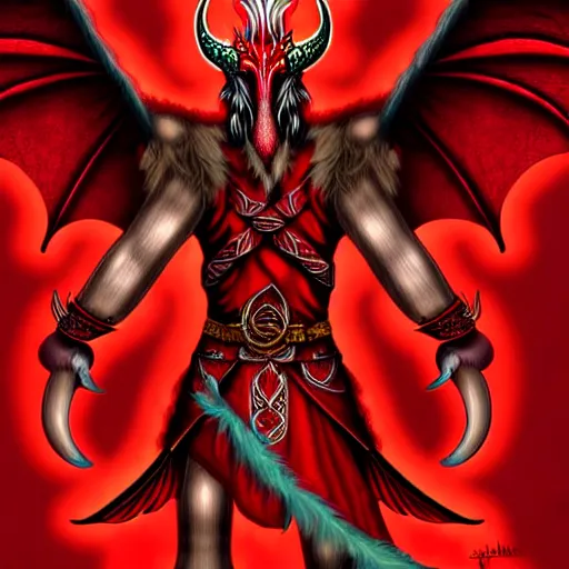 Image similar to an anthropomorphic dragonborn with wings and a tail, red scales, wearing viking clothes, digital art, fantasy art