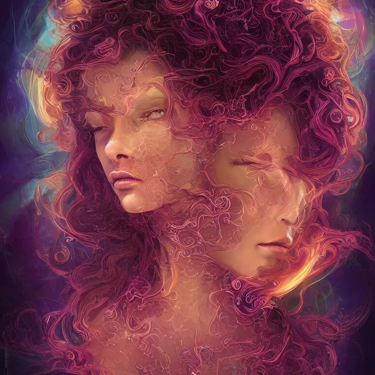 Image similar to portrait of a woman with swirling hair and fractal skin by killian eng, retrofuturism, psychedelic art reimagined by industrial light and magic