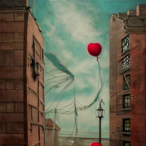 Prompt: grunge painting of a rooftop with a wide smile and a red balloon by chris leib, loony toons style, pennywise style, corpse bride style, horror theme, detailed, elegant, intricate, conceptual, volumetric light