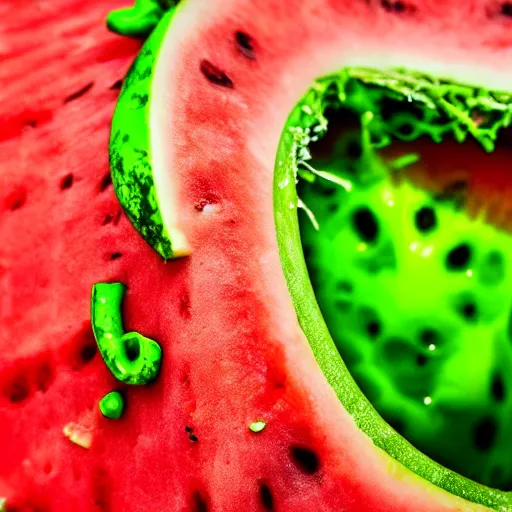 Prompt: close - up shot of a watermelon drenched in green slime, macro lens, depth of field