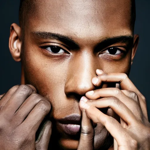 Prompt: a muted colors natural make-up portrait Photograph of a male black model, editorial story, Vogue France, editorial photographer by Peter Gehrke
