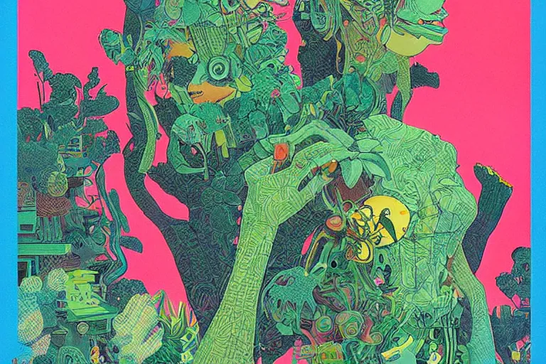 Prompt: gigantic girl faces, tiny robots, a lot of exotic vegetation around, risograph!, colorful flat surreal design, super - detailed, a lot of tiny details, fullshot, painting by luigi serafini and moebius