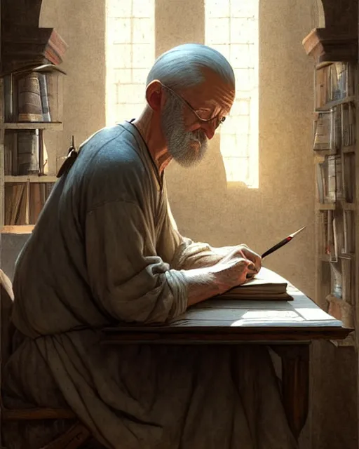 Prompt: old male scribe writing a book, middle ages | | realistic shaded, fine details, realistic shaded lighting poster by greg rutkowski, diego gisbert llorens, magali villeneuve, artgerm, jeremy lipkin and rob rey