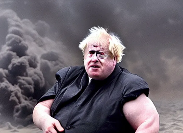 Image similar to boris johnson as baron harkonnen in a black oil bath in a still from the film Dune (2021)