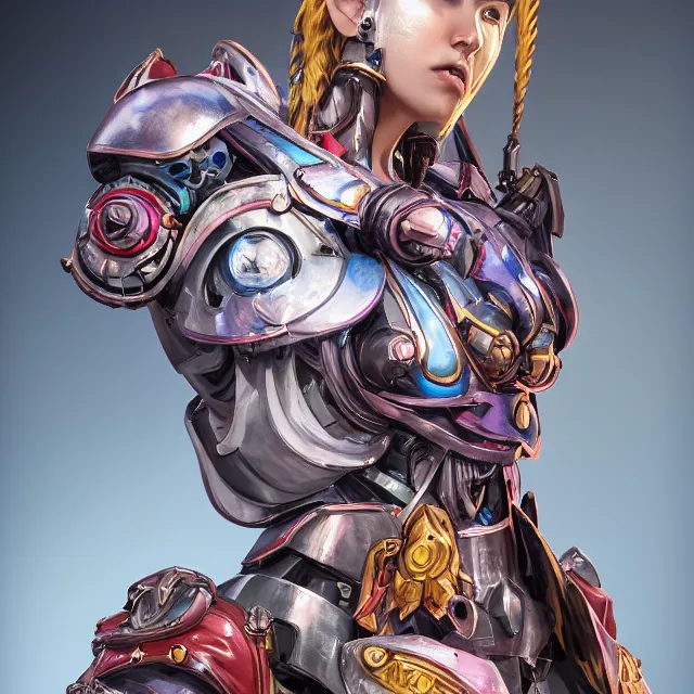 Image similar to studio portrait of lawful good colorful female holy mecha paladin absurdly beautiful, elegant, young fitness model, ultrafine hyperrealistic detailed face illustration by kim jung gi, irakli nadar, intricate linework, sharp focus, bright colors, matte, octopath traveler, final fantasy, unreal engine highly rendered, global illumination, radiant light, intricate environment