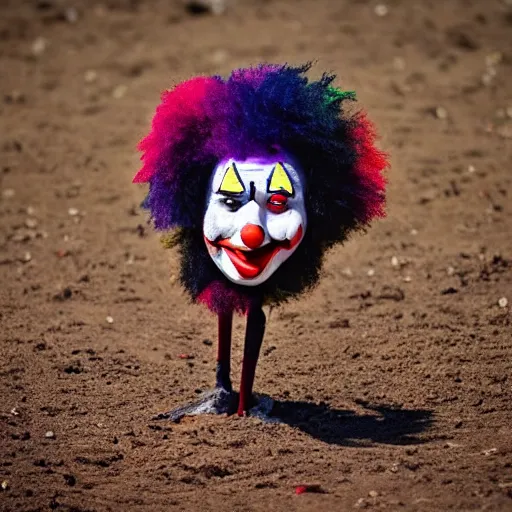 Prompt: a walking clump of dirt with a clown face