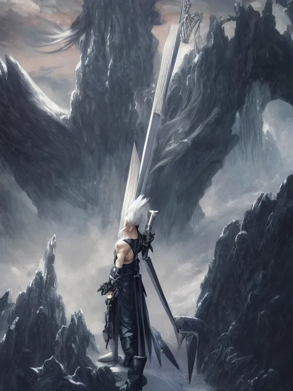 Prompt: a beautiful and detailed matte painting of sephiroth from final fantasy 7, fantasy, d & d, dark eyeliner, intricate, elegant, highly detailed, digital painting, artstation, concept art, matte, sharp focus, illustration, art by greg rutkowski and alphonse mucha