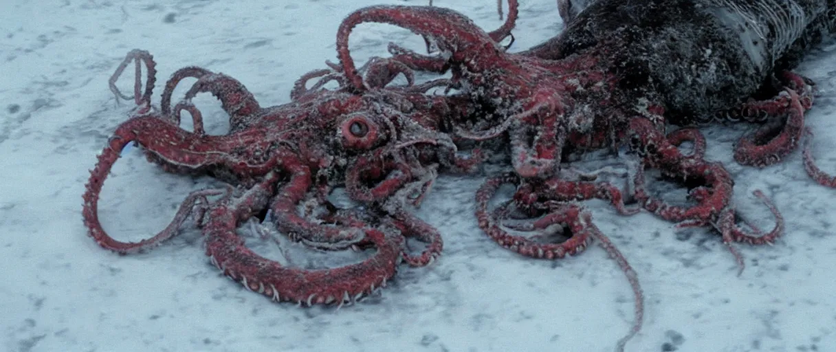 Prompt: filmic extreme close up shot movie still 4 k uhd exterior shot 3 5 mm film color photograph of a terrifying group of ten people attacking each other with tentacles and blood running in terror around mcmurdo station in antartica at night with the northern lights lighting up the sky, in the style of the horror film the thing 1 9 8 2