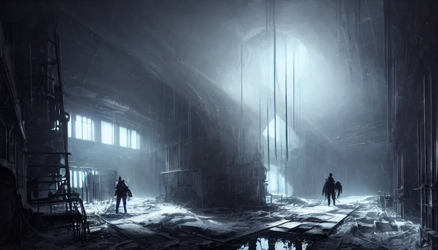 Image similar to high tech nomands exploring abandoned laboratory on splitzbergen, artic station, frostpunk, scifi, dark scifi, space horror, light, shadows, reflections, steam, epic composition, intricate, elegant, volumetric lighting, digital painting, highly detailed, artstation, sharp focus, illustration, concept art, ruan jia, steve mccurry