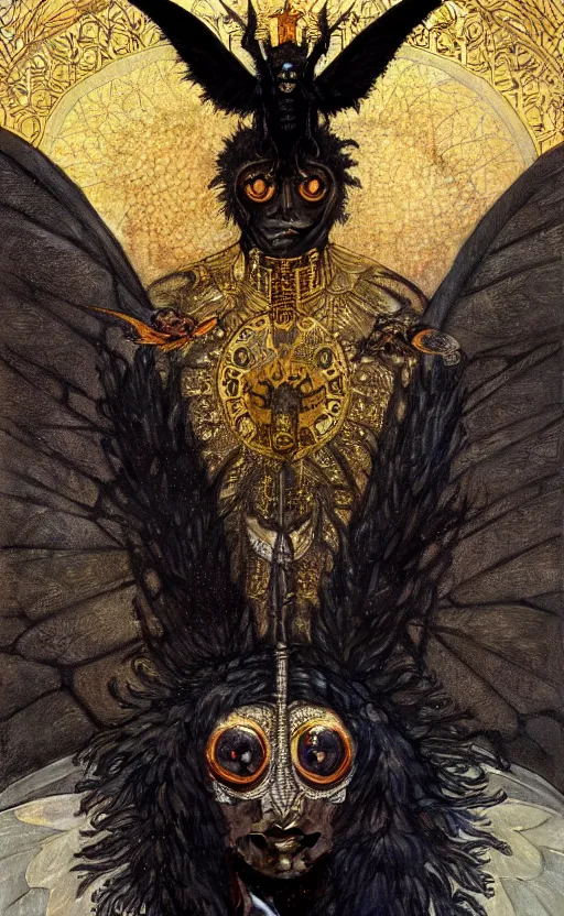 Image similar to a detailed portrait of a black mothman, wearing a golden crown, concept art, deep focus, intricate, highly detailed, digital painting, artstation, matte, sharp focus, illustration, art by greg rutkowski and alphonse mucha