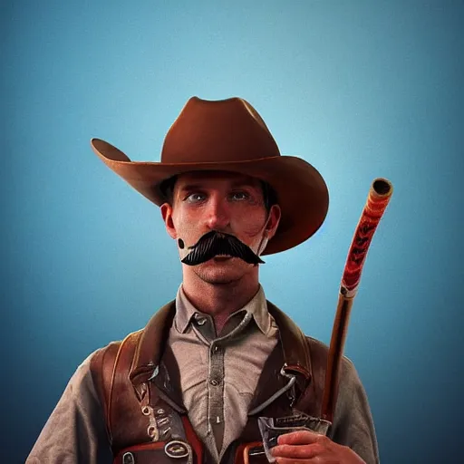 Image similar to Photorealistic cowboy with a bat as a moustache. Hyperdetailed photorealism, 108 megapixels, amazing depth, glowing rich colors, powerful imagery, psychedelic Overtones, 3D finalrender, 3d shading, cinematic lighting, artstation concept art
