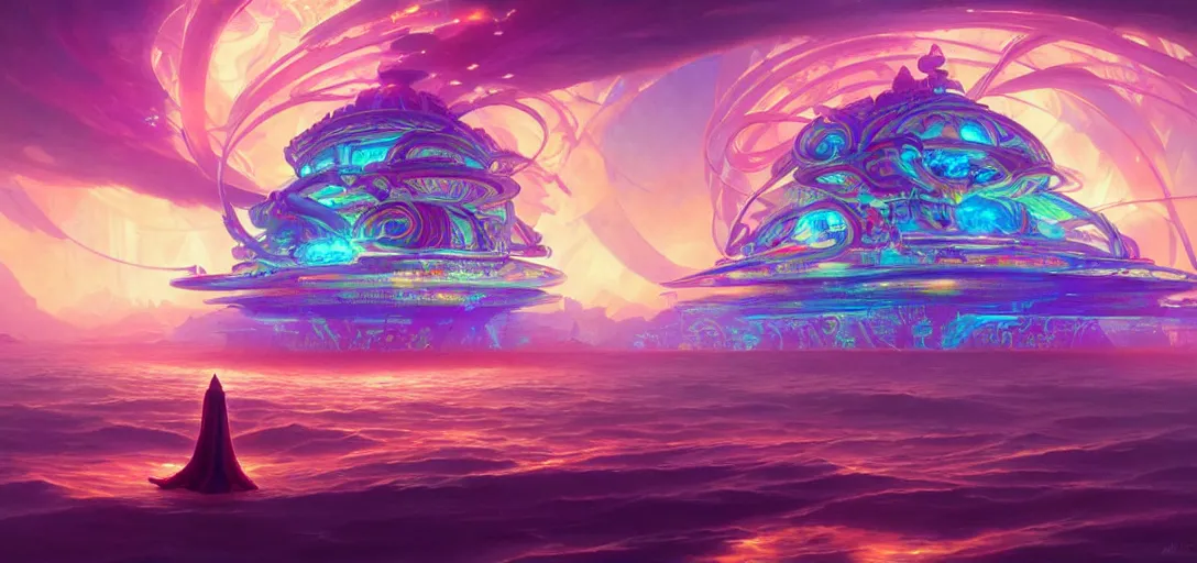 Image similar to a floating temple, channeling swirling energy, wearing netrunner clothing, vaporwave aesthetic, colorful, psychedelic, digital painting, artstation, concept art, smooth, sharp focus, illustration, art by artgerm and greg rutkowski and alphonse mucha