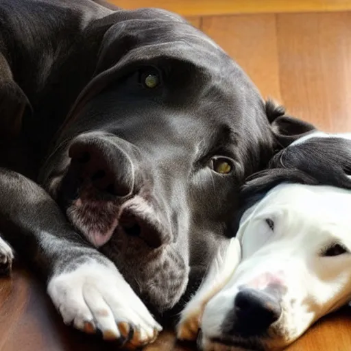 Image similar to a maine coon cat cuddling with a great dane dog