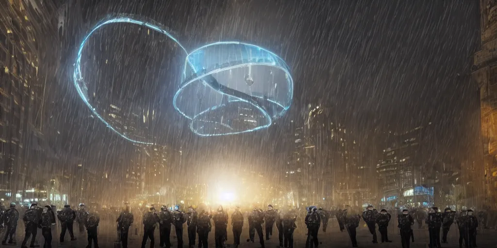 Image similar to policemen protect a huge spiral - shaped luminous object right in the center of the city from protesting people, night, rain and light fog, professional lighting, concept art in 3 d, high detail, professional lighting