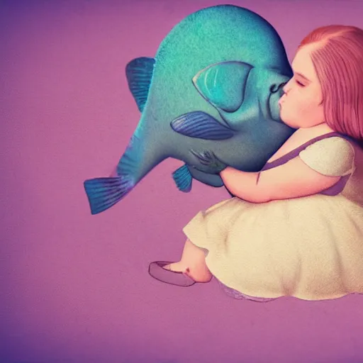 Image similar to the most beautiful little fat sweet girl is kissing a huge colorful cute fish. modern etching. colored print. hype realistic scene. old photography style. studio lighting. window. 3 d, octane render, deep focus, zbrush, white scene