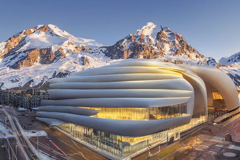 Prompt: architecture photo modern fachwerk giant opera building settlement with Elbrus mountain on the background, architecture, photorealism 8k , shining and happy atmosphere, uplight, high details